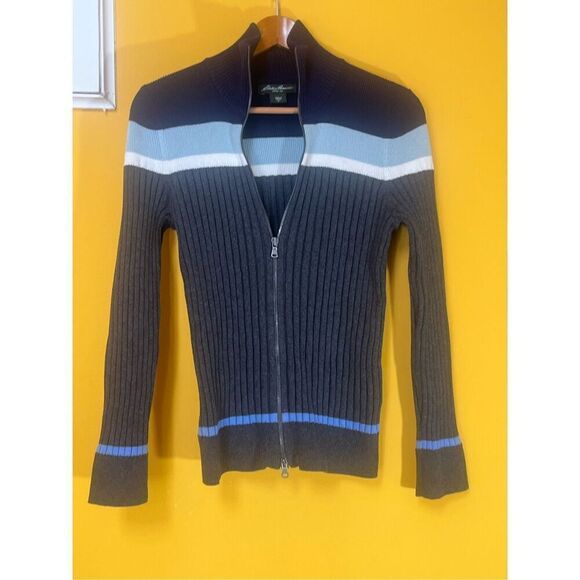 Eddie Bauer Zip Front Gray 100% Cotton Ski Sweater Sz M - Picture 2 of 5
